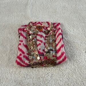 Tory Burch 100% Silk Tunic V-Neck Purple/Pink Ikat Print Sz 2 Indie Art Core Gir
